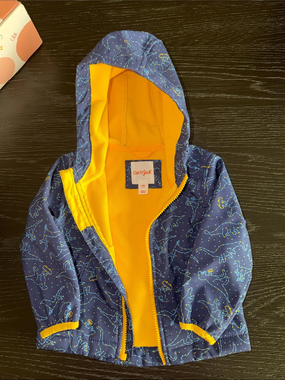 Cat & Jack Navy Hooded Jacket with Yellow Lining and Dinosaur Print - Kids